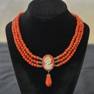 Cameo Choker Triple Strand Orange Glass Faux Turquoise Beads Necklace Spring